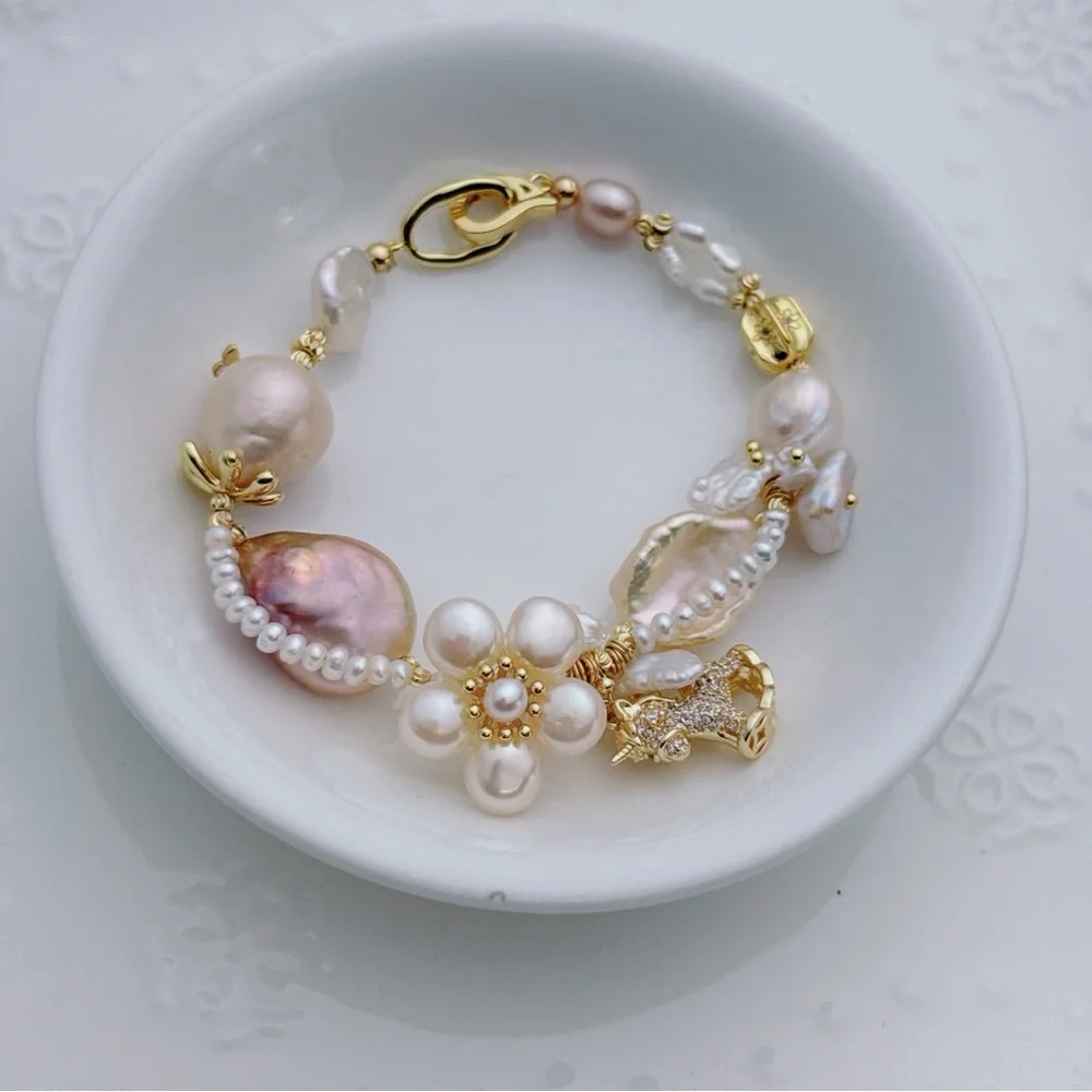 26B275 New Handmade Freshwater Baroque Bracelet 7” Gold Plated - Picture 2 of 11